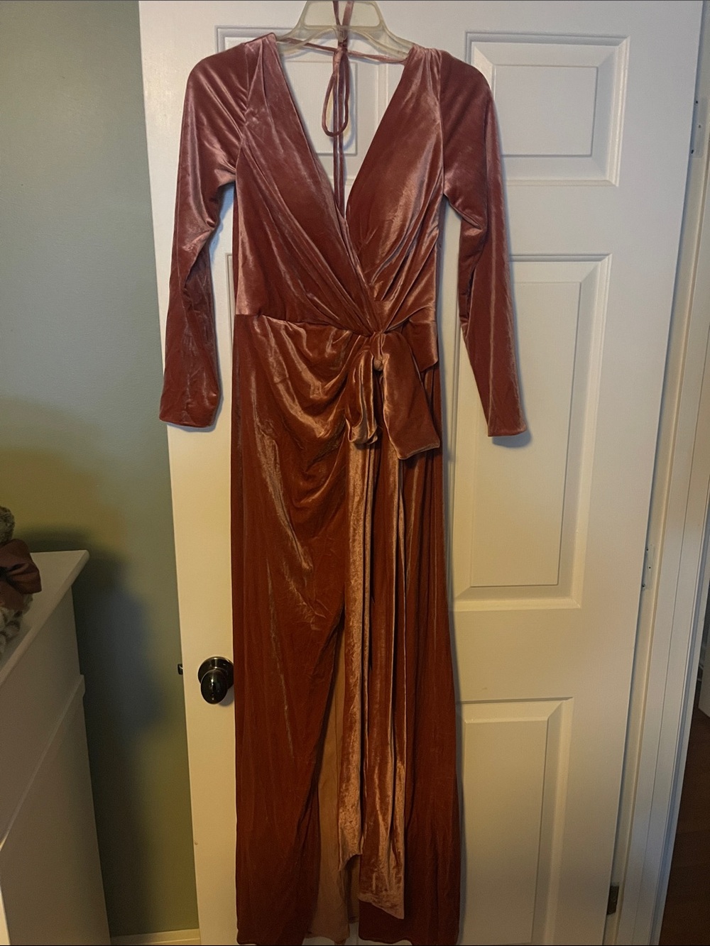 Velvet Wrap Maxi Dress in Rust with Tie Waist